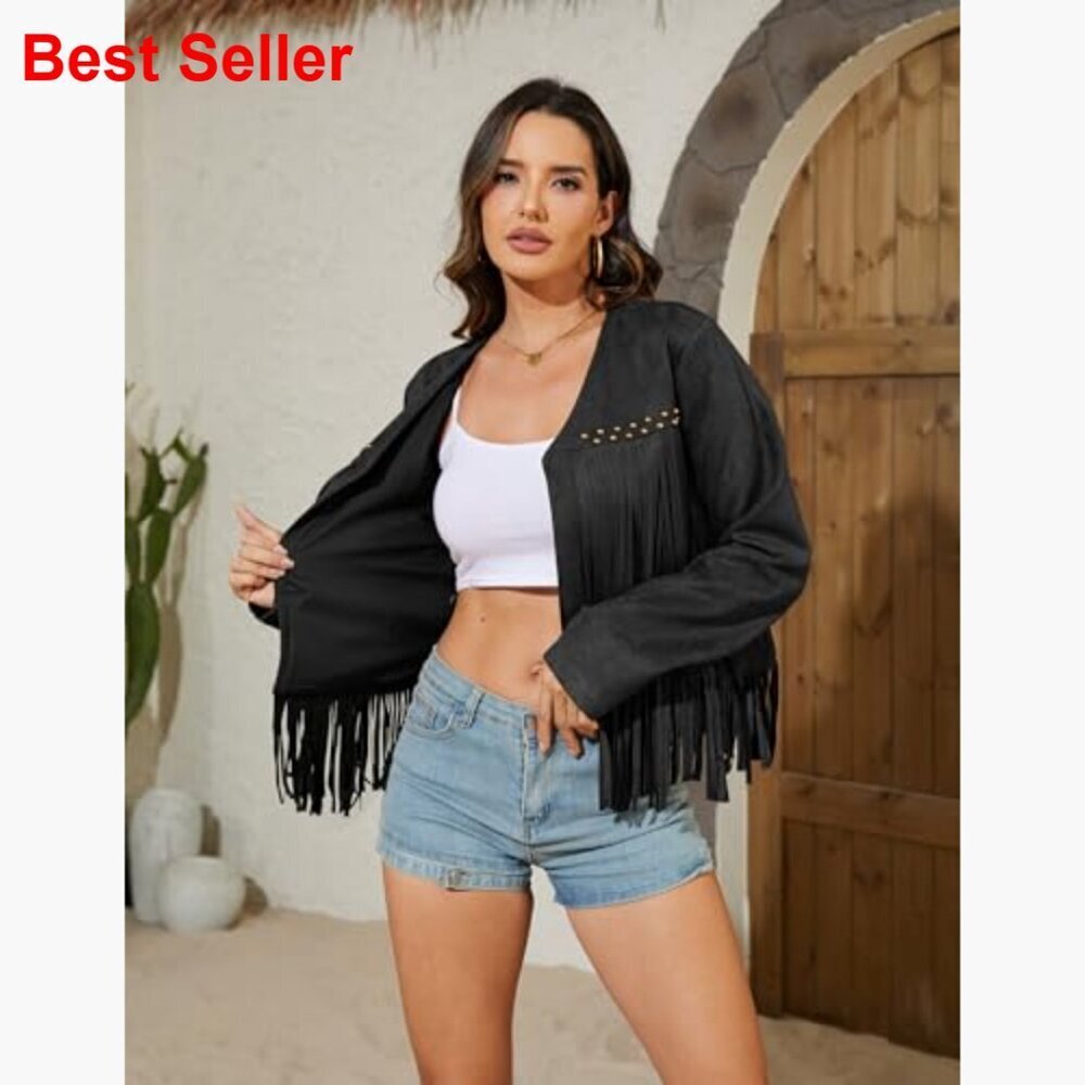 Faux Leather Jacket Oversized Cropped Fringe Western Cowgirl Motorcycle Coat - Picture 4 of 7